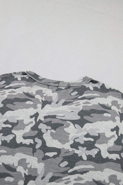 Green Retro Camouflage Print Raw Edge V Neck Tee