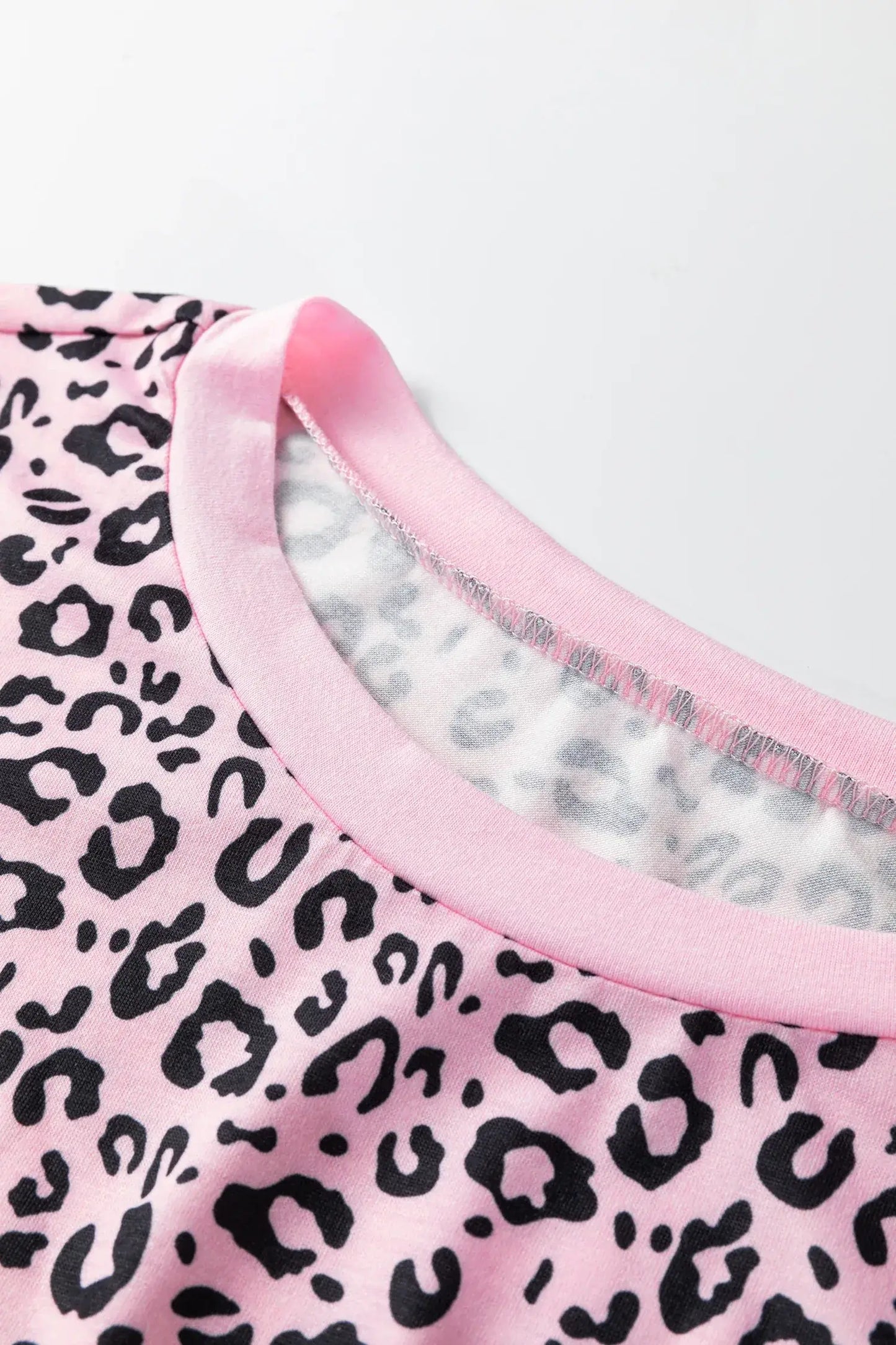 Pink Leopard Striped Patchwork Side Slit Loose Short Sleeve Top - Sweet Fashion Wholesale