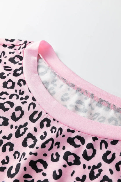 Pink Leopard Striped Patchwork Side Slit Loose Short Sleeve Top - Sweet Fashion Wholesale