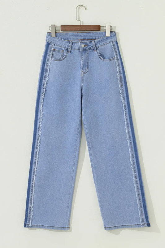 Beau Blue Contrast Stripe Frayed Side Panel Patchwork Shift Jeans - Sweet Fashion Wholesale