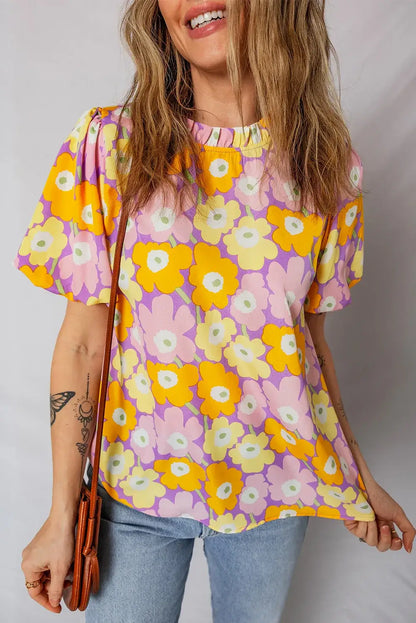 Purple Frilled Neck Puff Short Sleeve Flower Top - Sweet Fashion Wholesale