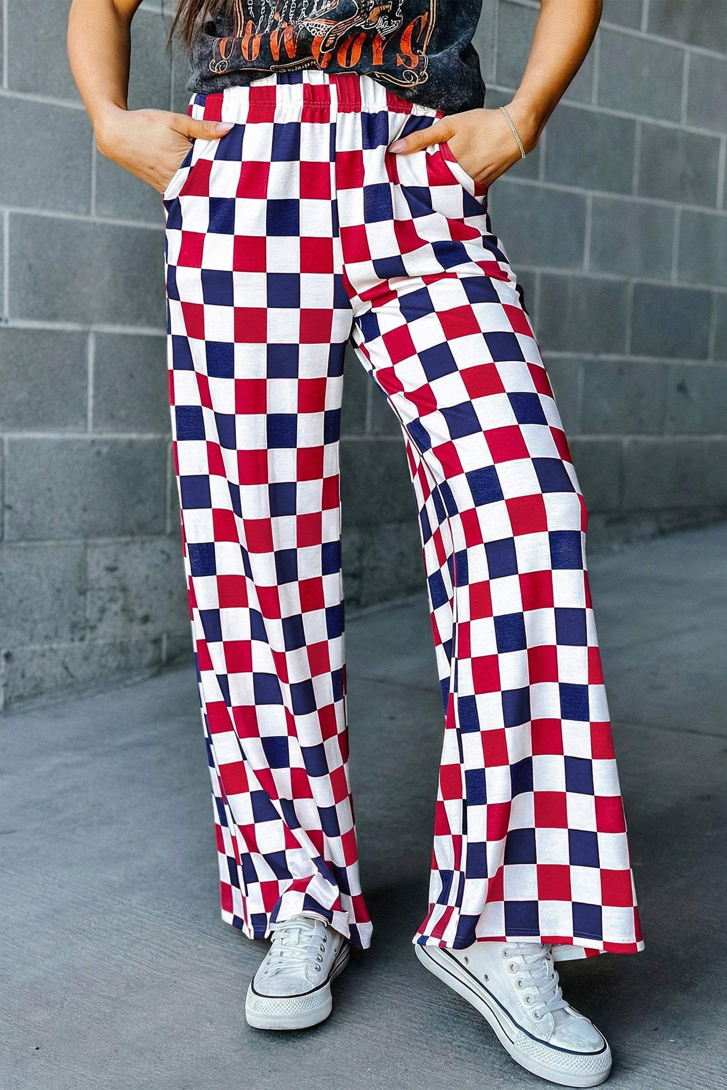 Red 2-Tone Checked Print High Waist Wide Leg Pants