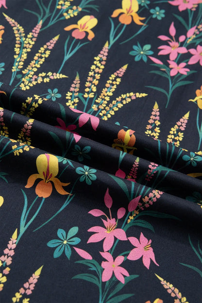 Black Floral Print Contrast Trim Tiered Ruffled Short Sleeve Blouse