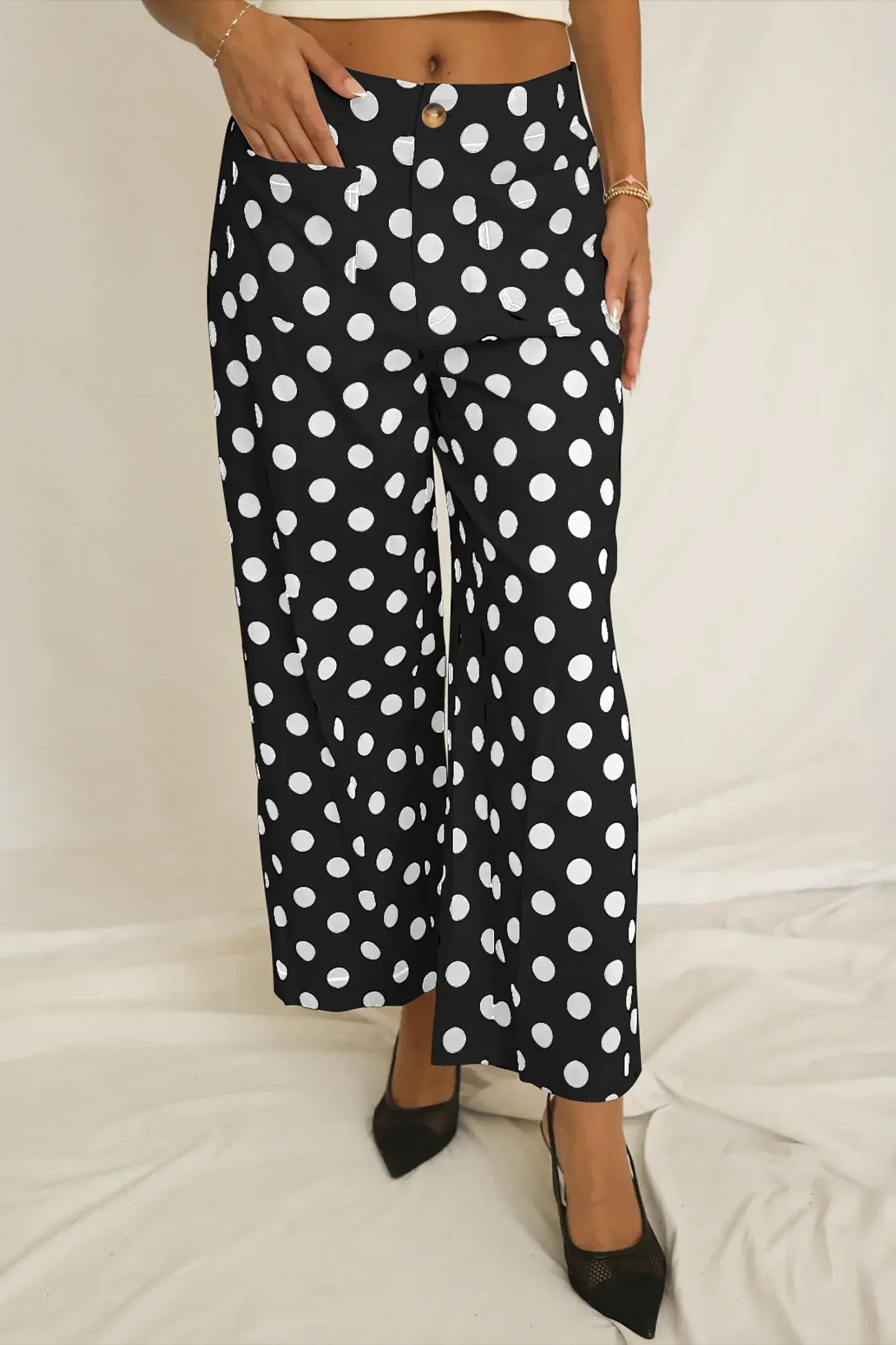 Black Polka Dot Print Patched Pocket Mid-rise Straight Leg Pants - Sweet Fashion Wholesale