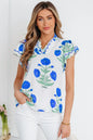 Blue Wild Flower Print Contrast Trim Scallop Detail Short Sleeve Blouse - Sweet Fashion Wholesale