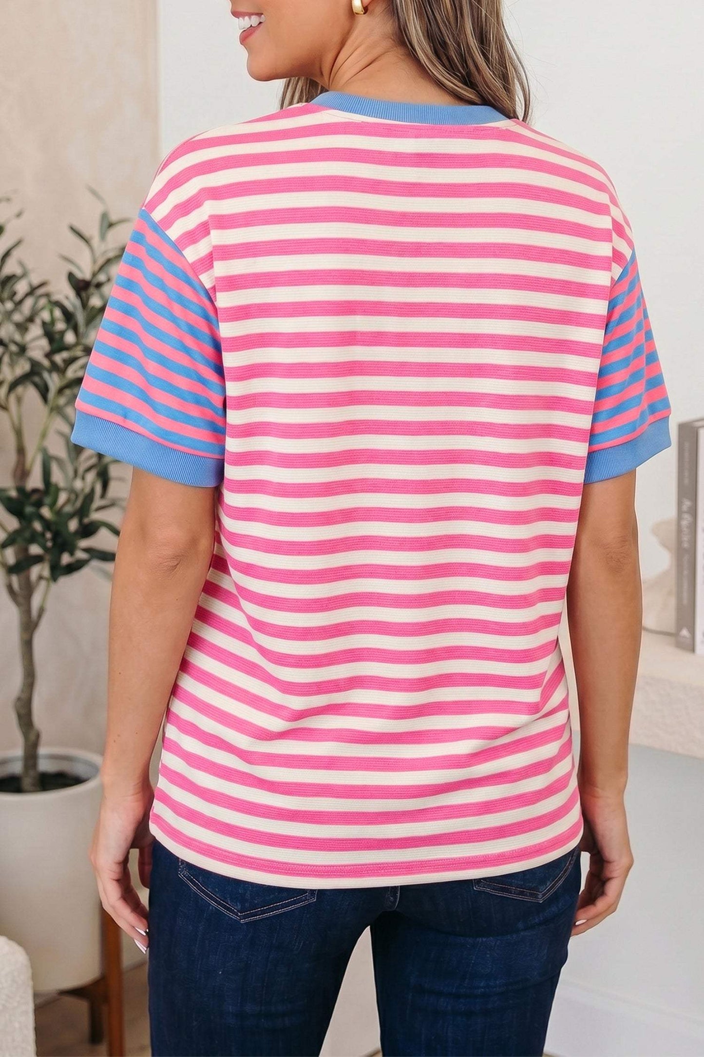Pink Stripe Contrast Patchwork Short Sleeve Loose Tee