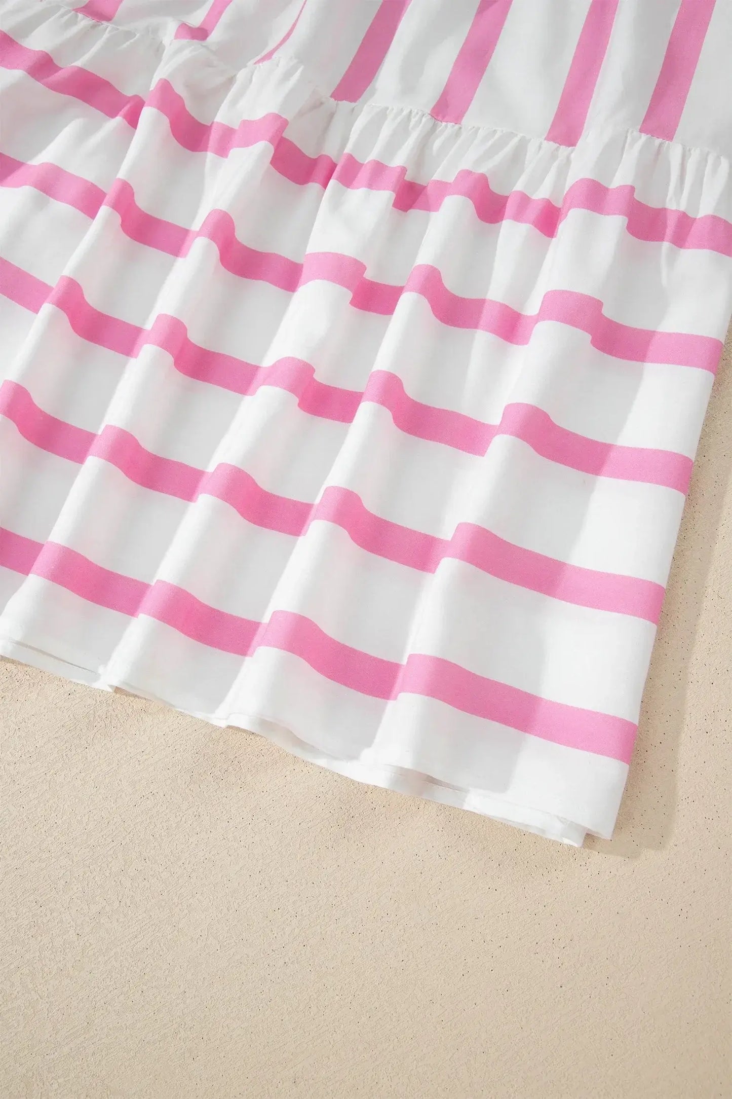 Pink Stripe Plus Size V Neck Short Puff Sleeve Tiered Maxi Dress - Sweet Fashion Wholesale