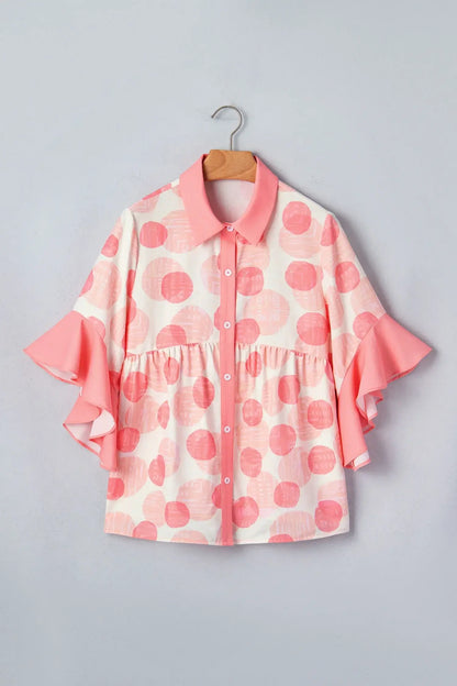 Pink Double Polka Dot Printed Ruffle Trim Short Sleeve Babydoll Shirt - Sweet Fashion Wholesale