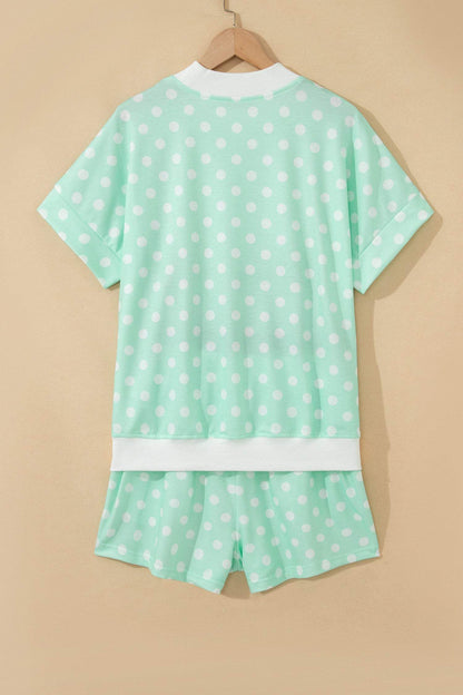 Green Polka Dot Print Color Block Trim Mock Neck Short Set