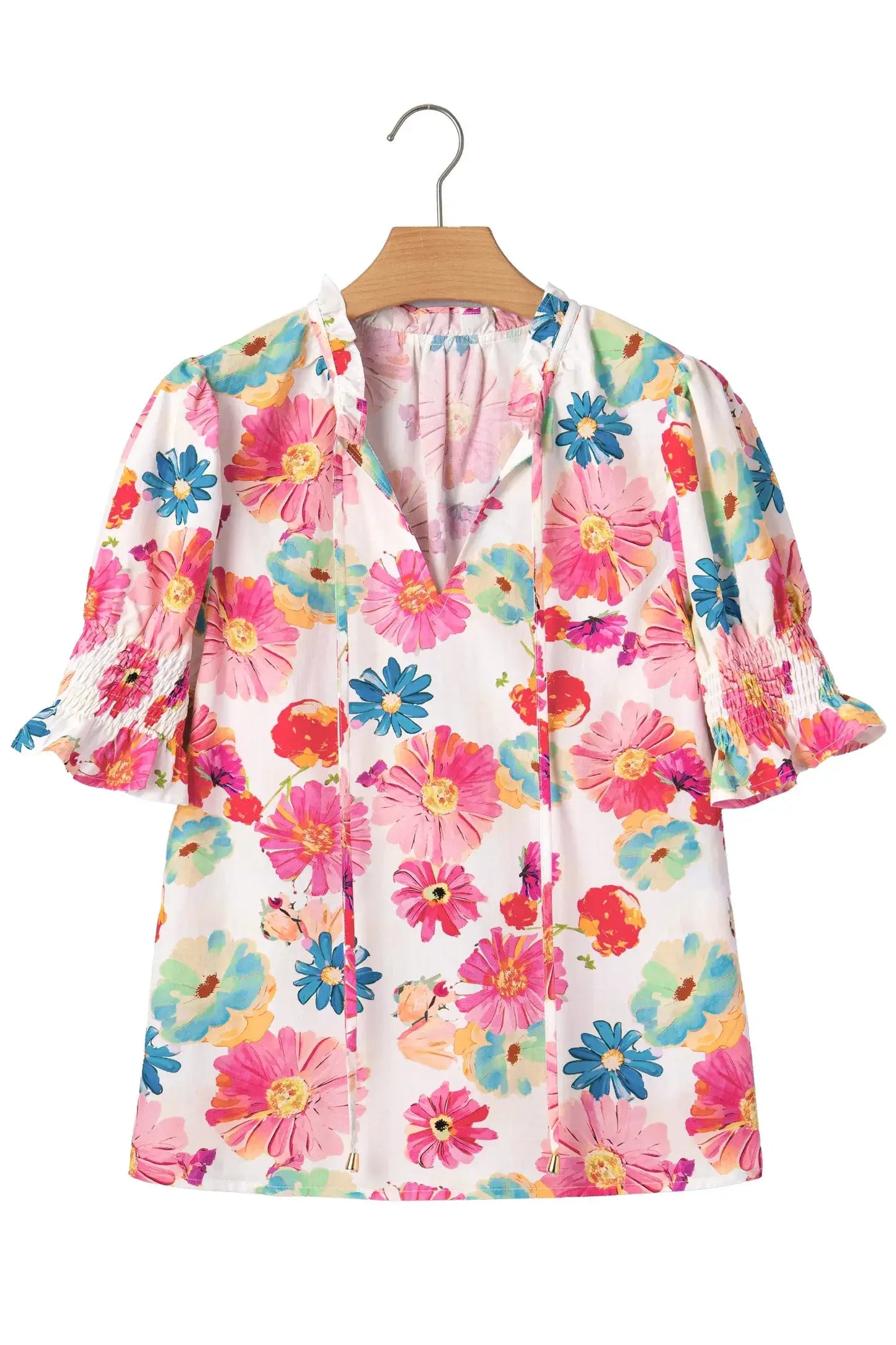 Beige Vibrant Summer Floral Tie V Neck Short Puff Sleeve Blouse - Sweet Fashion Wholesale