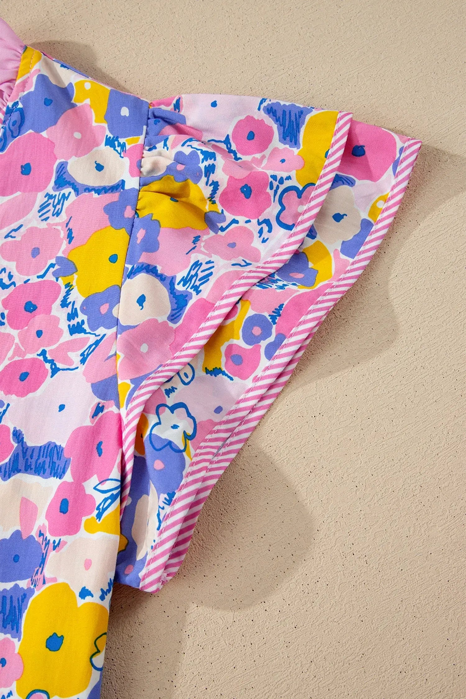 Pink Playful Floral Print Striped Color Block Patchwork V Neck Flutter Sleeve Blouse - Sweet Fashion Wholesale