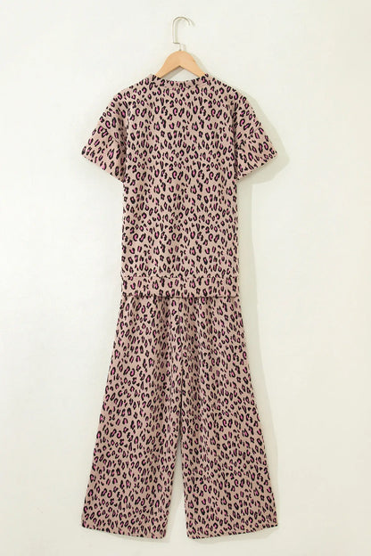 Beige Leopard Print Casual Tee and Pants 2pcs Outfit - Sweet Fashion Wholesale