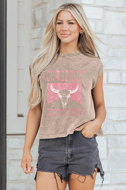 Smoke Gray COWGIRLS DONT CRY Western Graphic Mineral Wash Tank Top - Sweet Fashion Wholesale