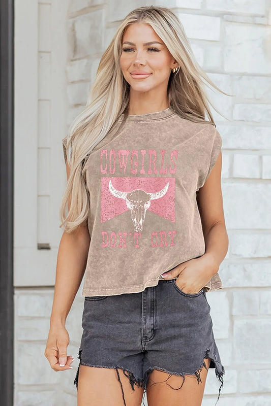 Smoke Gray COWGIRLS DONT CRY Western Graphic Mineral Wash Tank Top - Sweet Fashion Wholesale