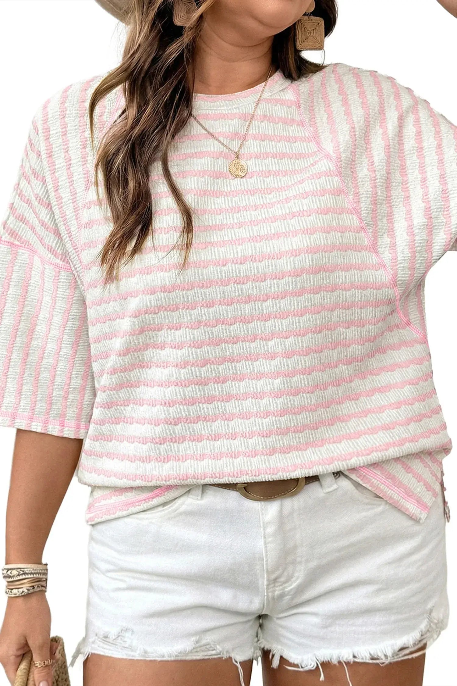 Apricot Stripe Plus Size Textured Patchwork Detail Half Sleeve Top - Sweet Fashion Wholesale
