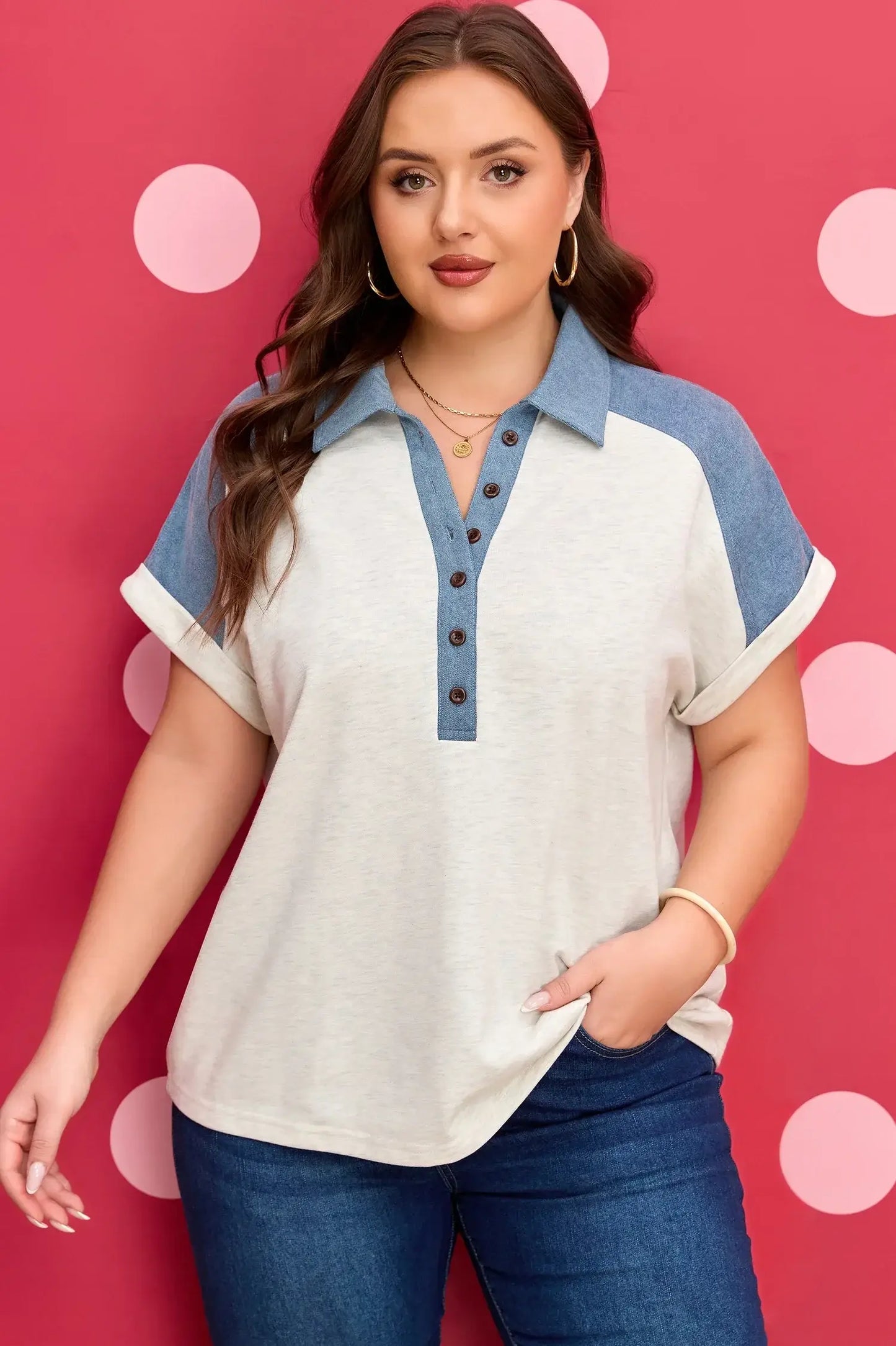 Beige Plus Size Contrast Denim Patchwork Cuffed Sleeve Polo Tee - Sweet Fashion Wholesale
