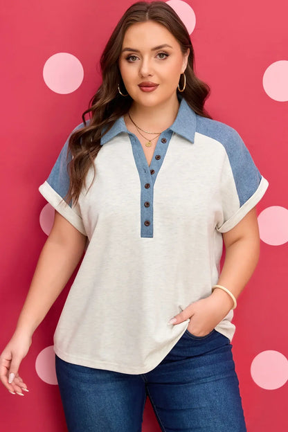 Beige Plus Size Contrast Denim Patchwork Cuffed Sleeve Polo Tee - Sweet Fashion Wholesale