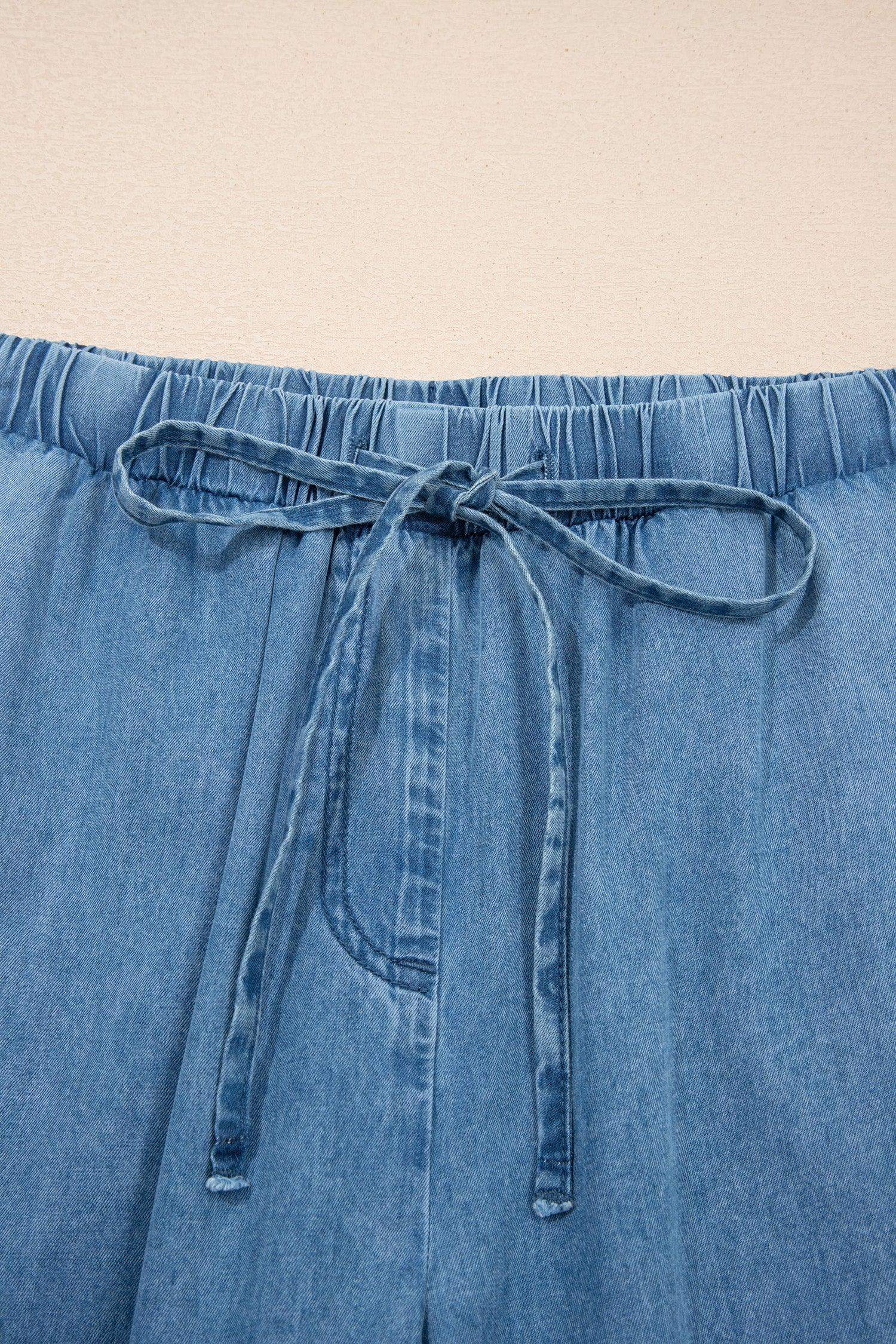 Dusk Blue Ruffled Hem Wide Leg Chambray Pants - Sweet Fashion Wholesale
