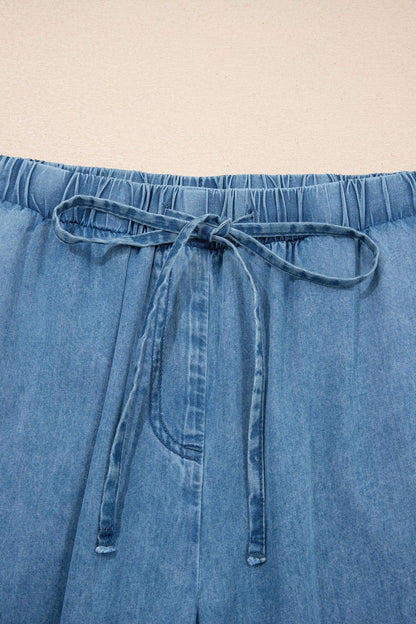Dusk Blue Ruffled Hem Wide Leg Chambray Pants - Sweet Fashion Wholesale