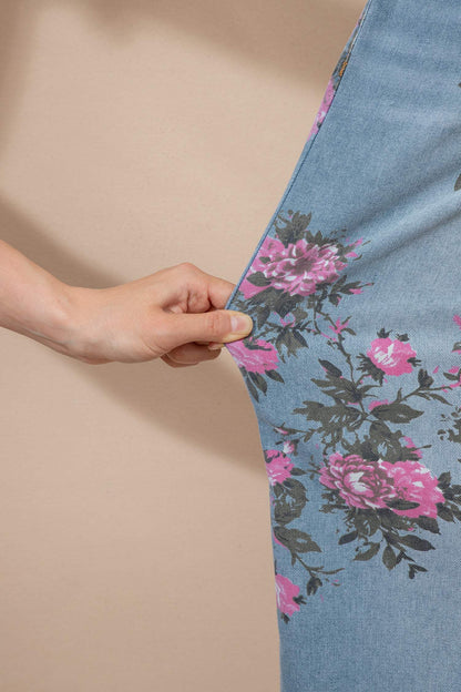 Sky Blue Garden Floral Print Bootcut Jeans