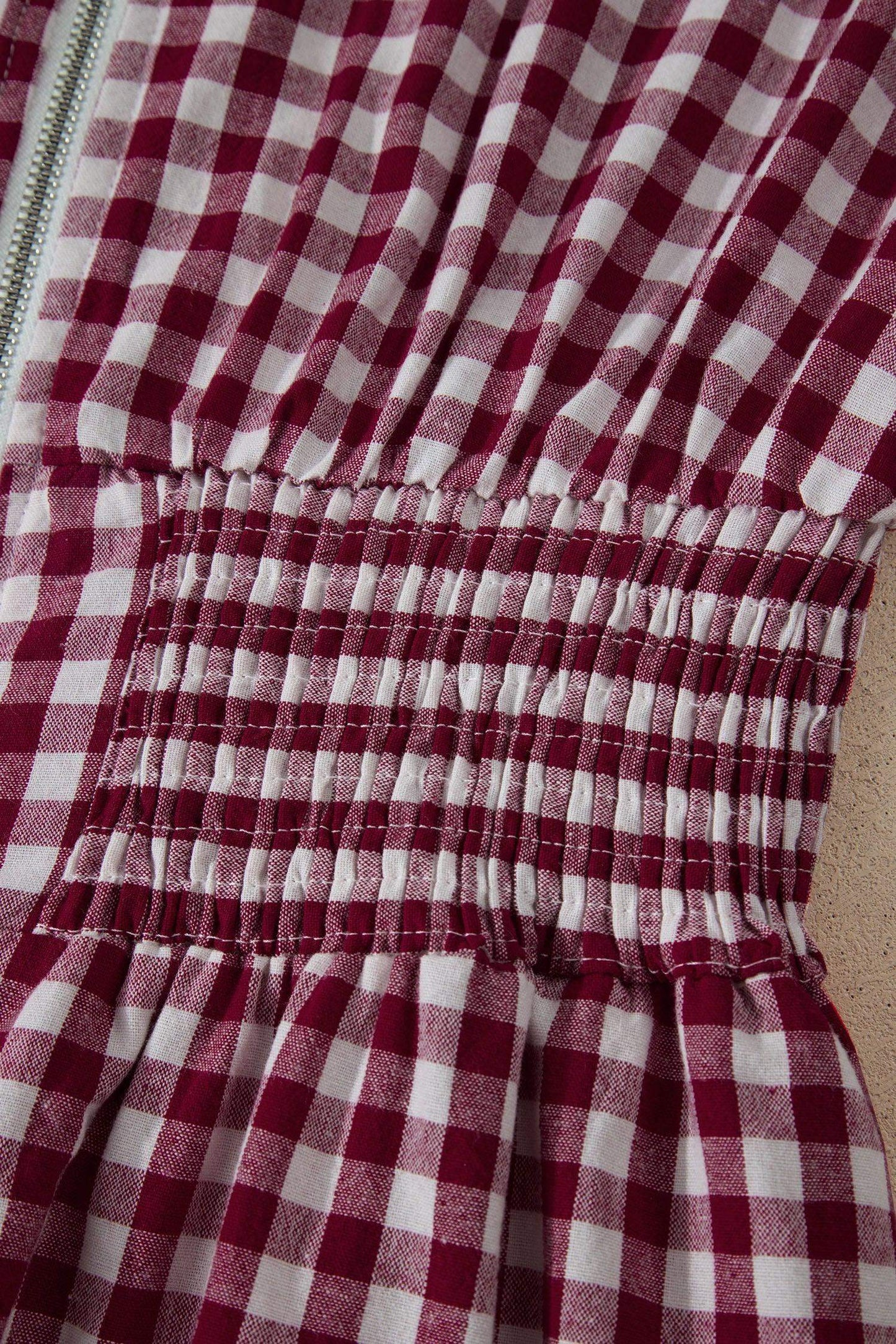 Red Plaid Print Full Zipper Cinched Waist Fit Flare Sleeveless Maxi Dress - Sweet Fashion Wholesale