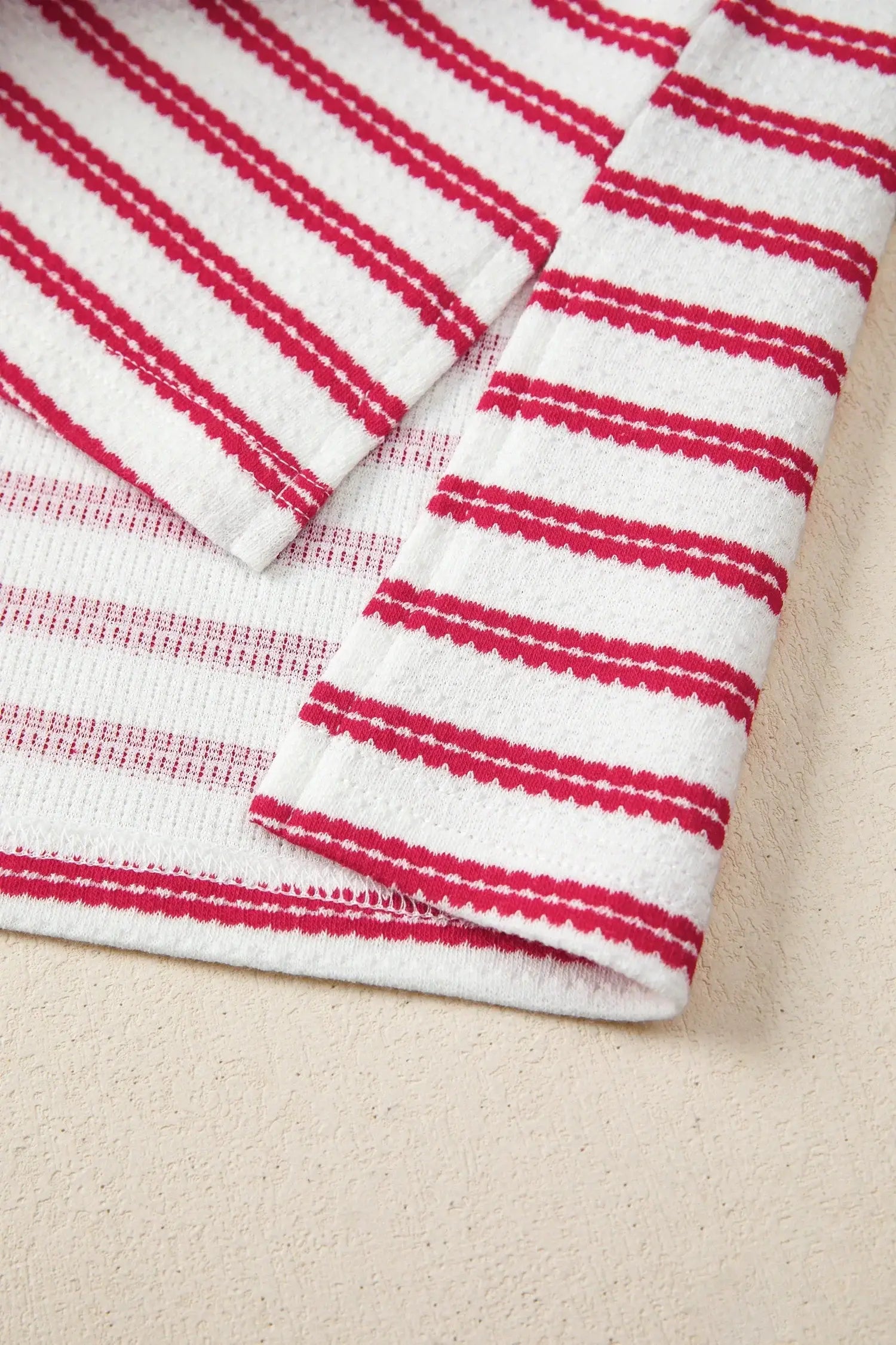Red Stripe Textured Knit Button Detail Short Sleeve Casual Tee - Sweet Fashion Wholesale