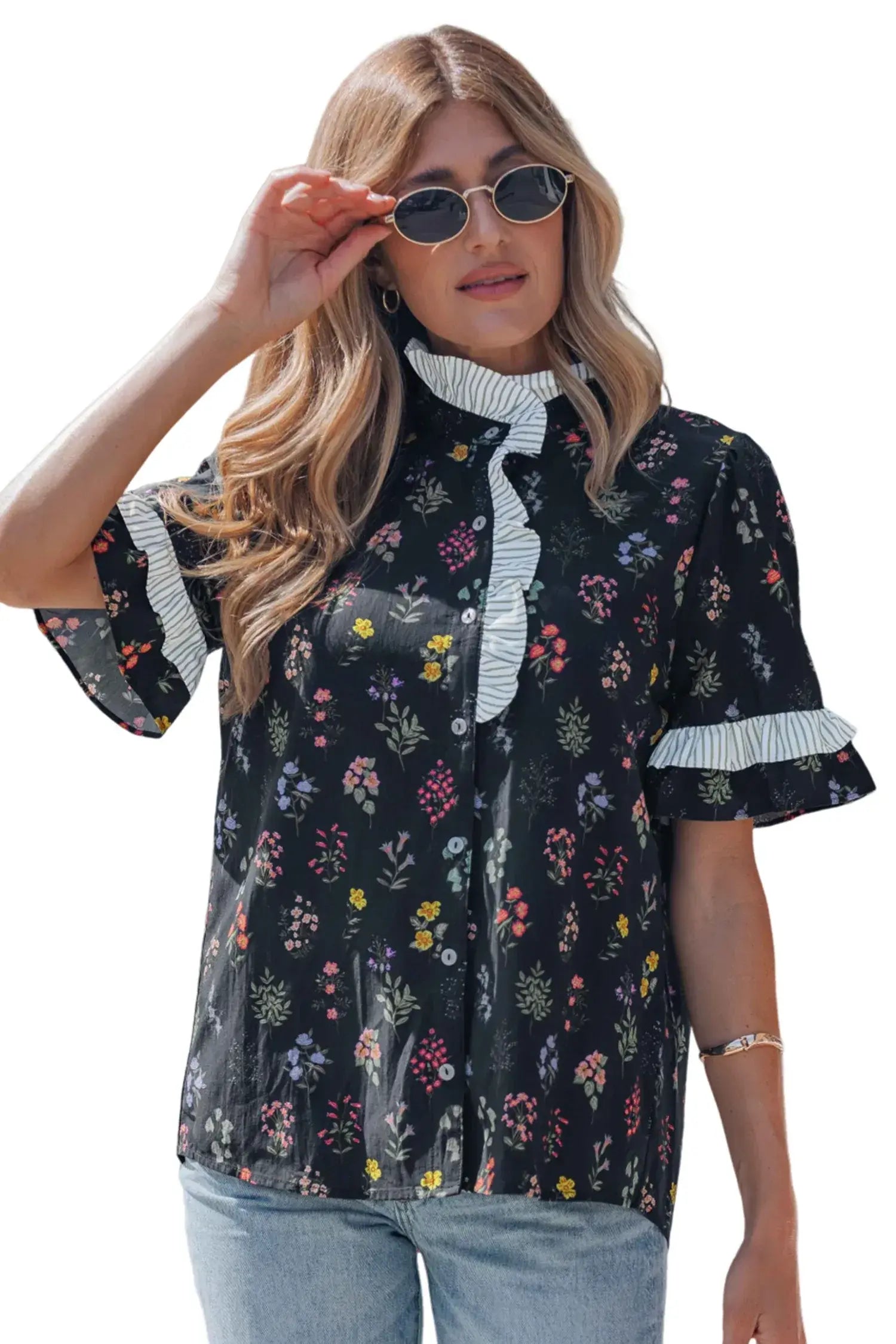 Black Contrast Frilled Trim Short Sleeve Floral Shirt - Sweet Fashion Wholesale