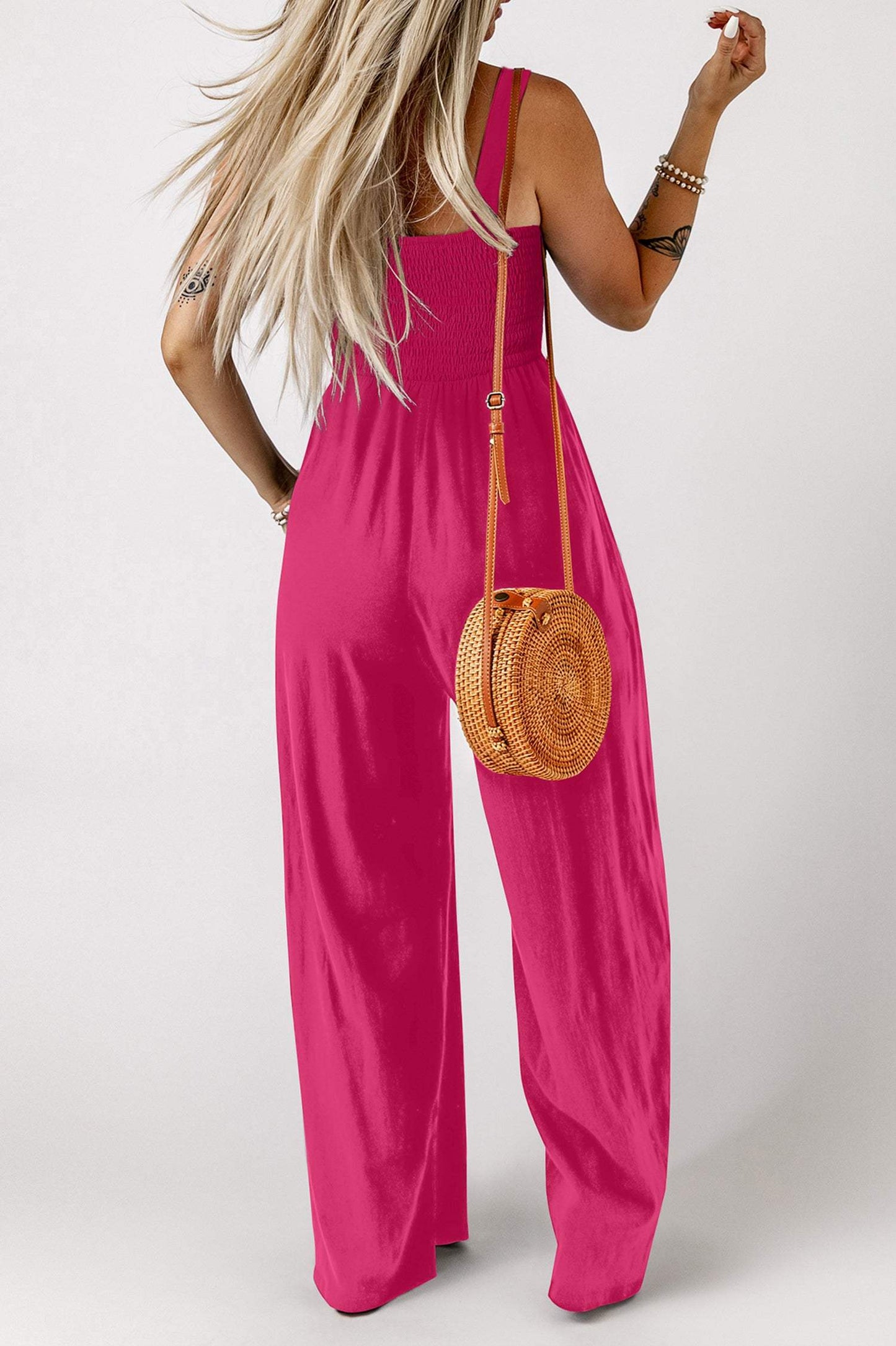 Rose Red Smocked Square Neck Sleeveless Jumpsuit with Pockets