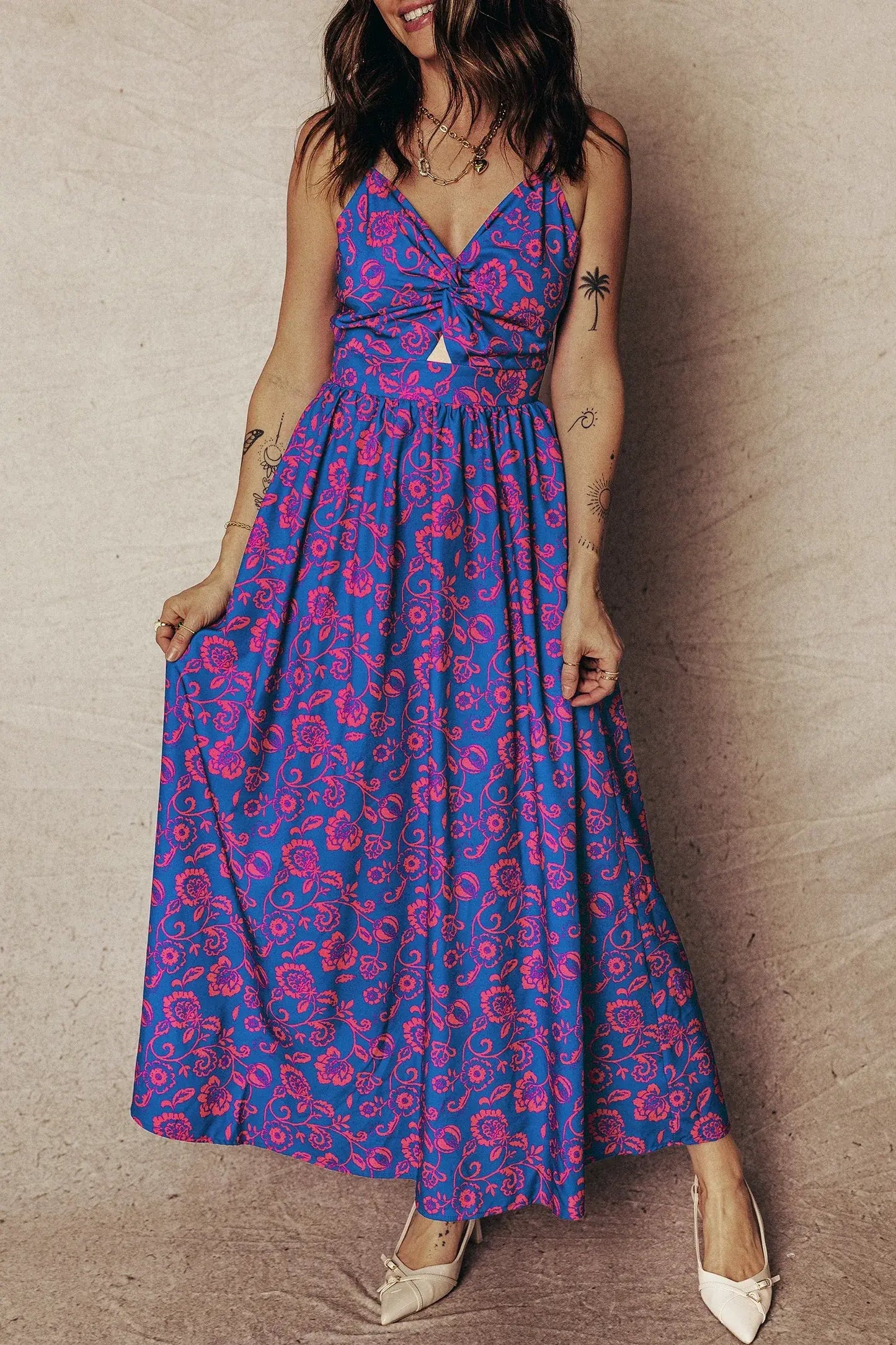 Blue Floral Print Twisted V Neck Tied Backless Maxi Dress - Sweet Fashion Wholesale
