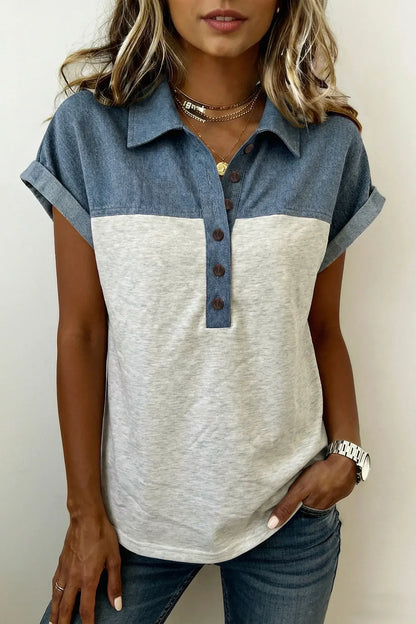 Light Grey Color Block Denim Patchwork Button Polo Collar Short Sleeve Top - Sweet Fashion Wholesale