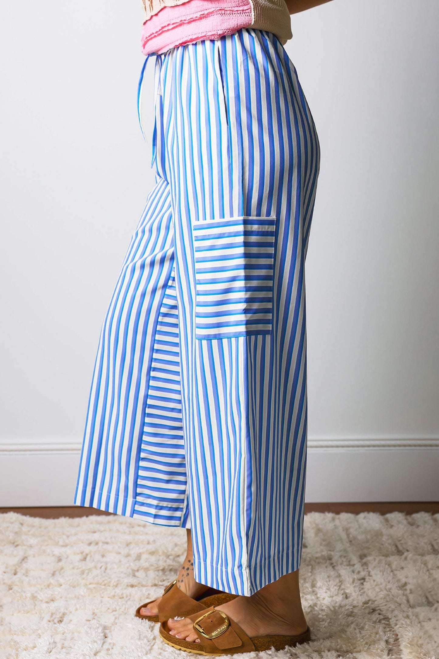 Sky Blue Stripe Drawstring Elastic Waist Patch Pocket Wide Leg Ankle-length Pants