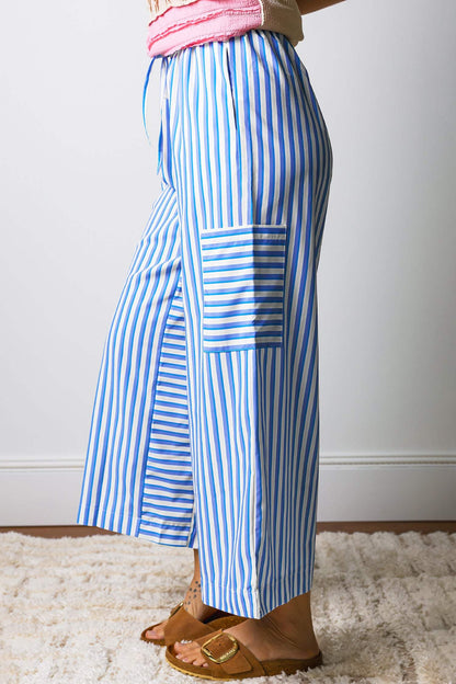 Sky Blue Stripe Drawstring Elastic Waist Patch Pocket Wide Leg Ankle-length Pants
