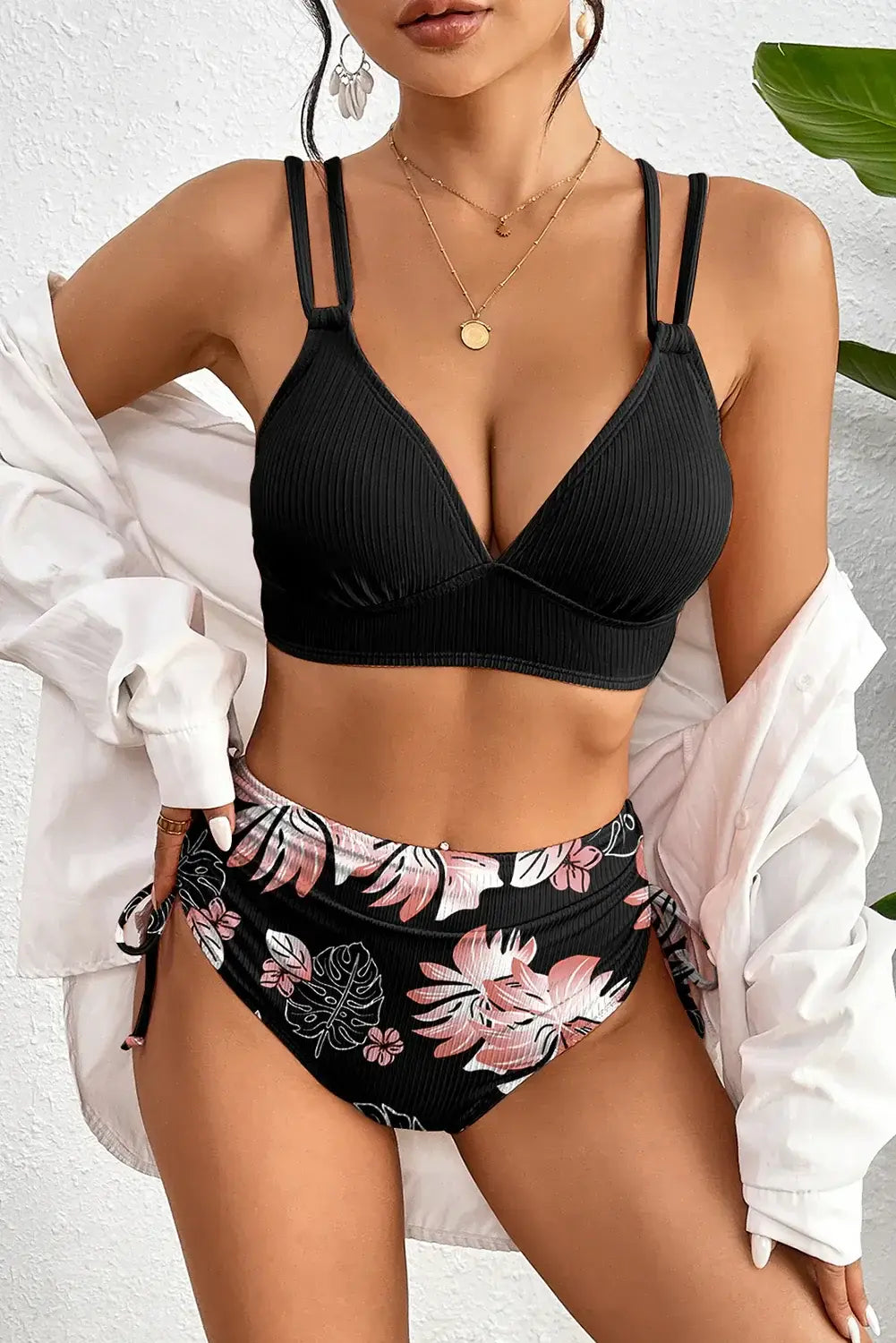 Black Ribbed Knit High Waist 2pcs Bikini Swimsuit - Sweet Fashion Wholesale