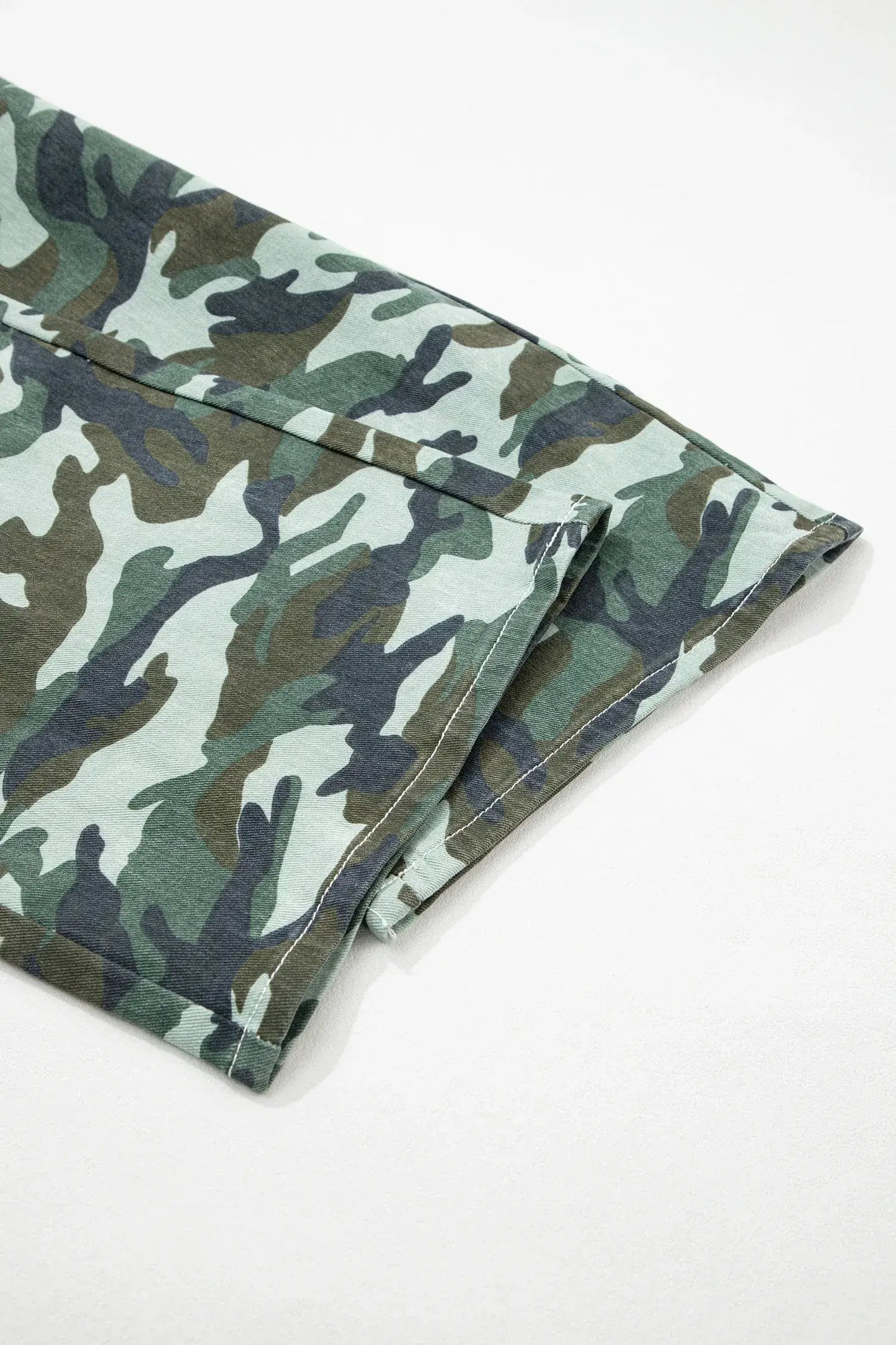 Green Camouflage Print Wide Leg Drawstring Denim Pants - Sweet Fashion Wholesale