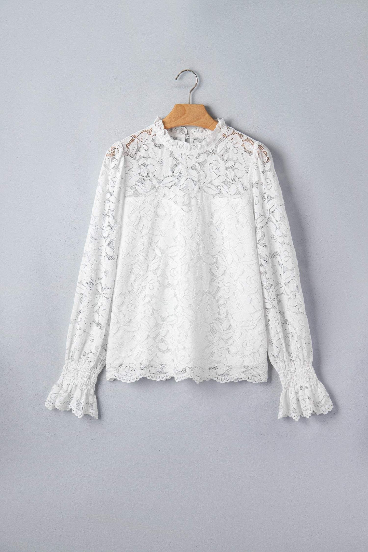 White Ruffled Round Neck Long Flounce Sleeve Sheer Lace Blouse