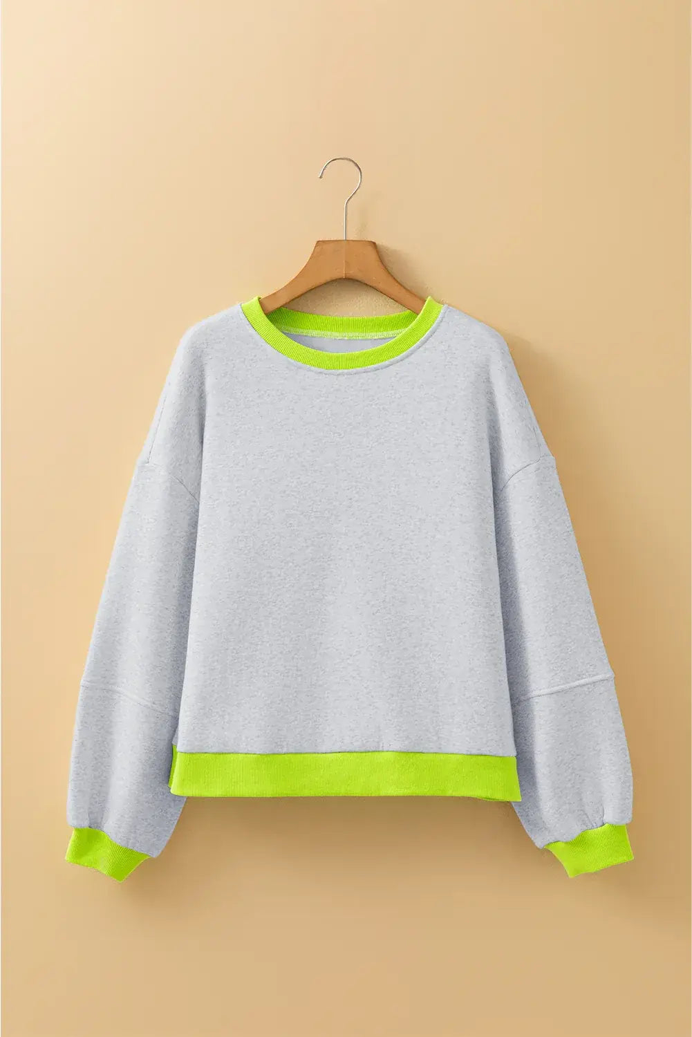 Light Grey Contrast Color Banding Patchwork Puff Sleeve Loose Sweatshirt