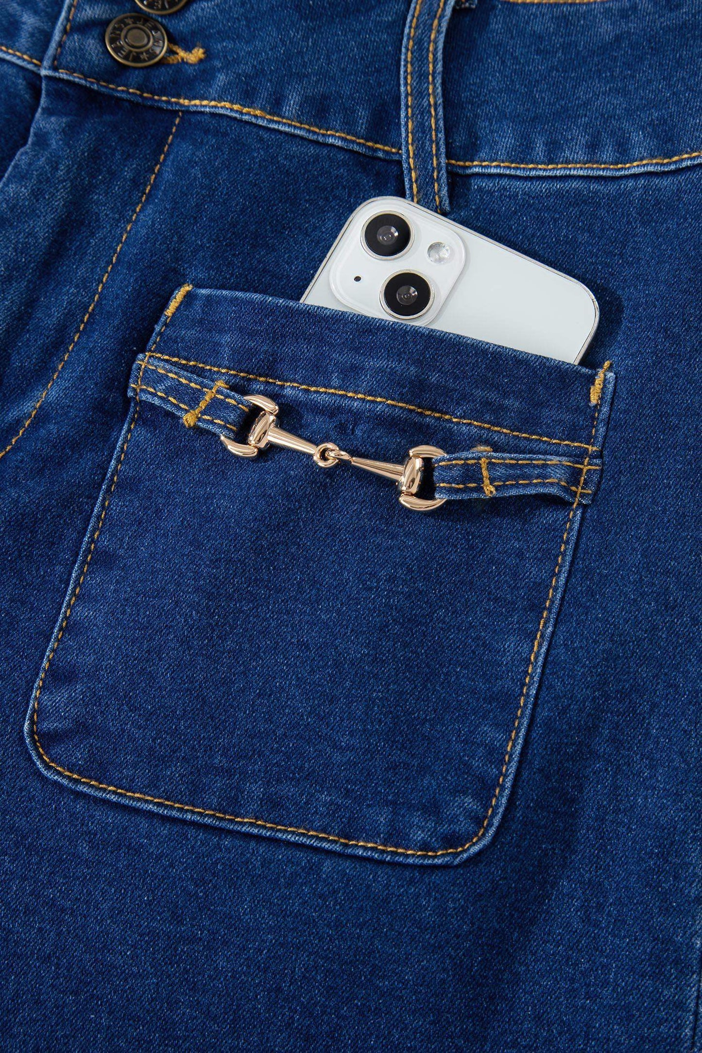 Sail Blue Hardware Decor Patched Pockets Wide Leg Denim Pants - Sweet Fashion Wholesale