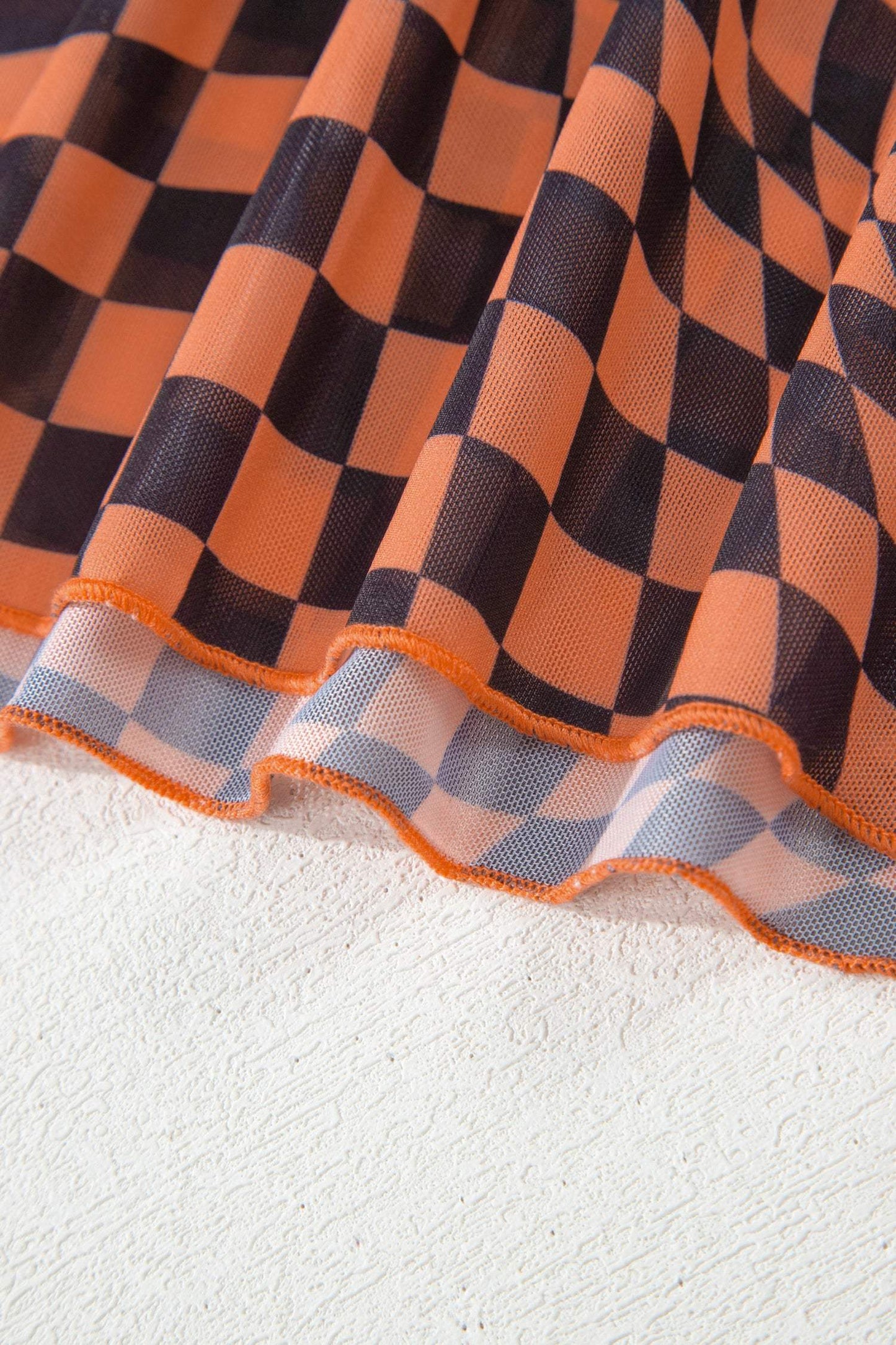 Orange Checkered Print Crew Neck Mesh T Shirt