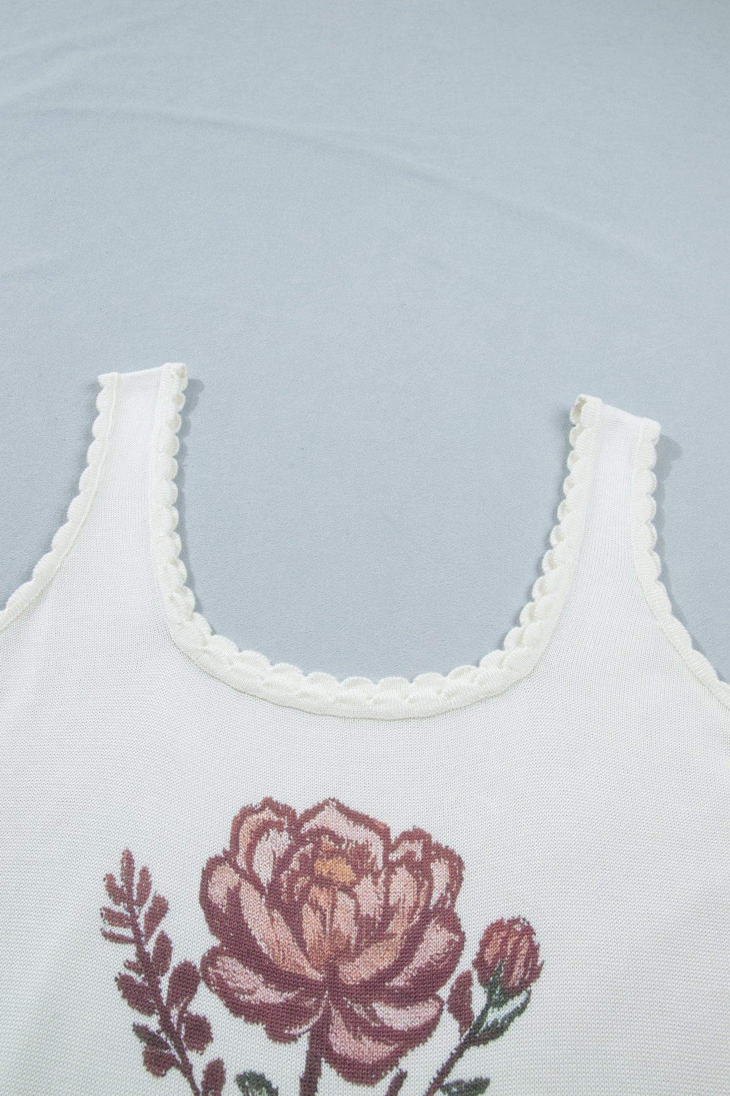 White Plus Size Floral Print Scalloped Trim Square Neck Sweater Vest - Sweet Fashion Wholesale