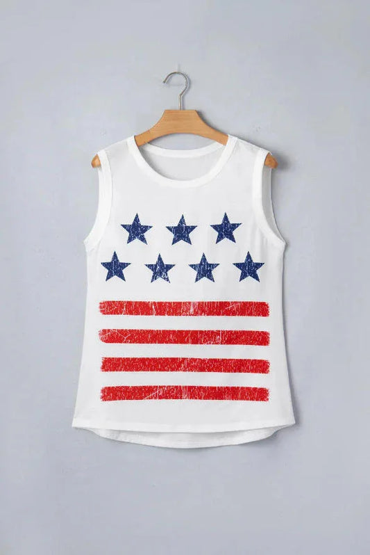 White Vintage Stars and Stripes Printed Casual Tank Top