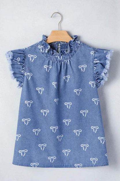 White Frilled Collar Flutter Sleeve Denim Top