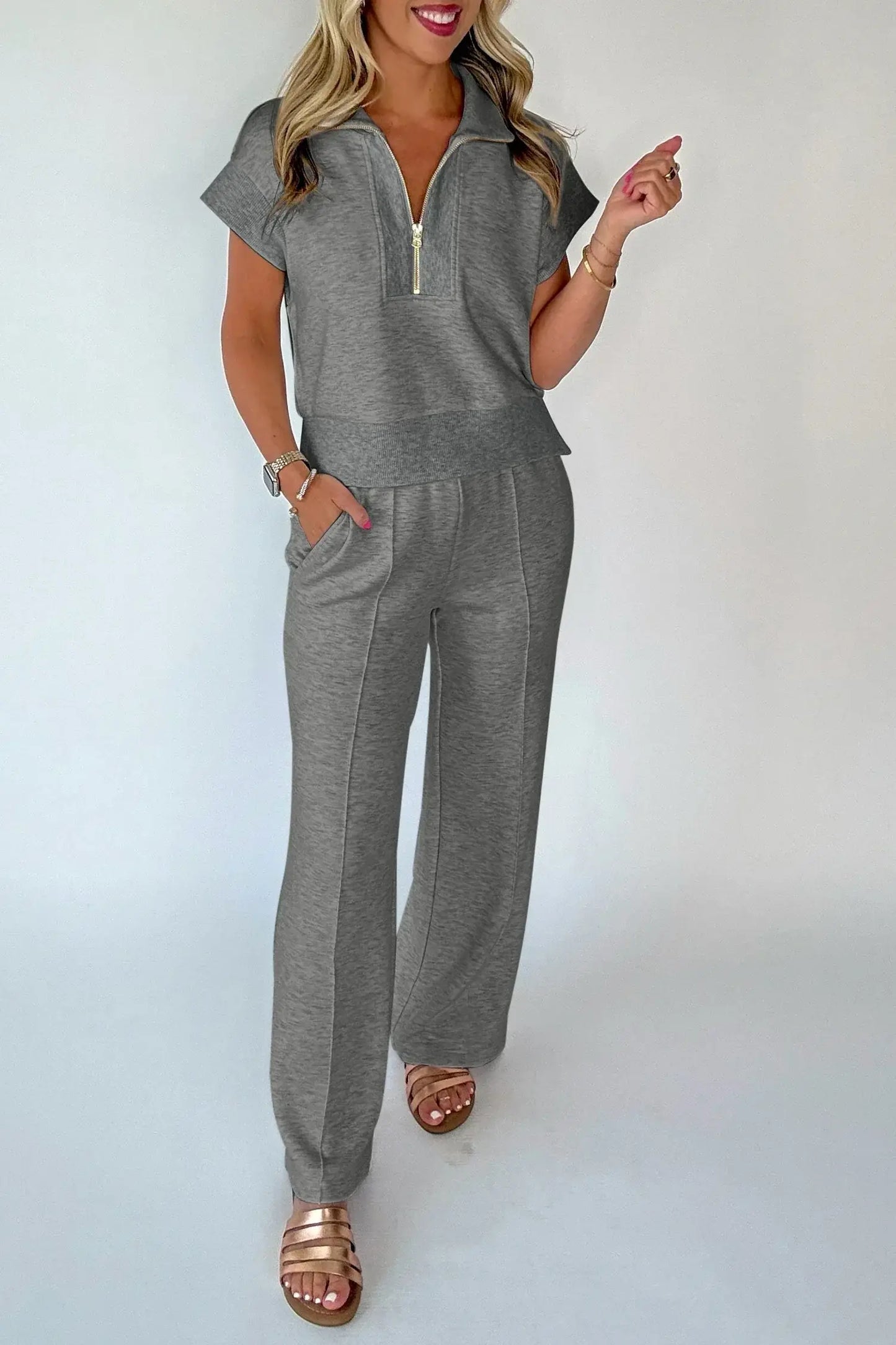 Gray Half Zip Polo Tee Casual Pant Set - Sweet Fashion Wholesale