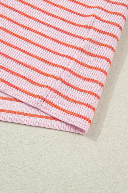 Pink Stripe Textured Knit Sleeveless Casual Sweater Top