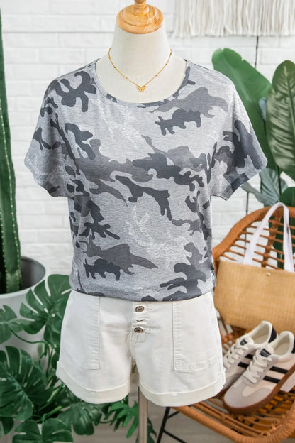 Gray Camouflage Print Round Neck T Shirt - Sweet Fashion Wholesale