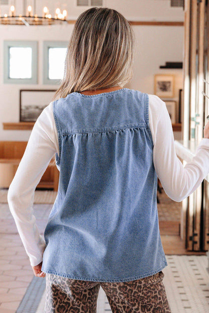 Myosotis Denim Pleated Patchwork Sleeveless Top - Sweet Fashion Wholesale
