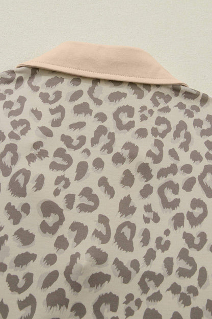 Khaki V Neck Collar Leopard Printed 2pcs Short Set