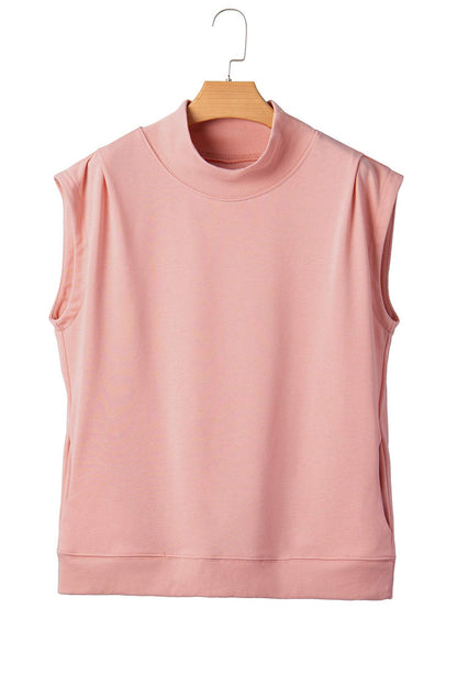 Sky Blue Solid Color High Neck Cap Sleeve Loose Top