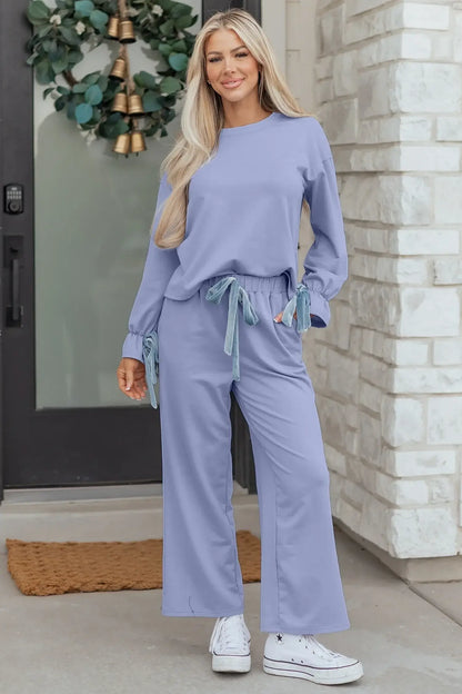 Beau Blue Flounce Long Sleeve Top Drawstring Pants Contrast Velvet Bow Knot 2pcs Lounge Set - Sweet Fashion Wholesale