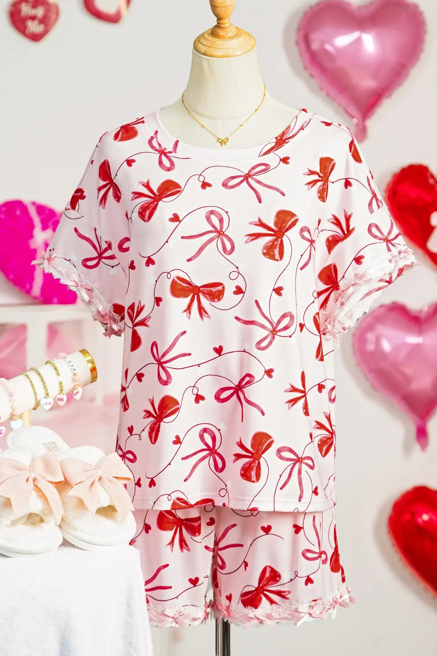 Red Romantic Bow Print Loose Tee Drawstring Shorts 2pcs Lounge Set - Sweet Fashion Wholesale