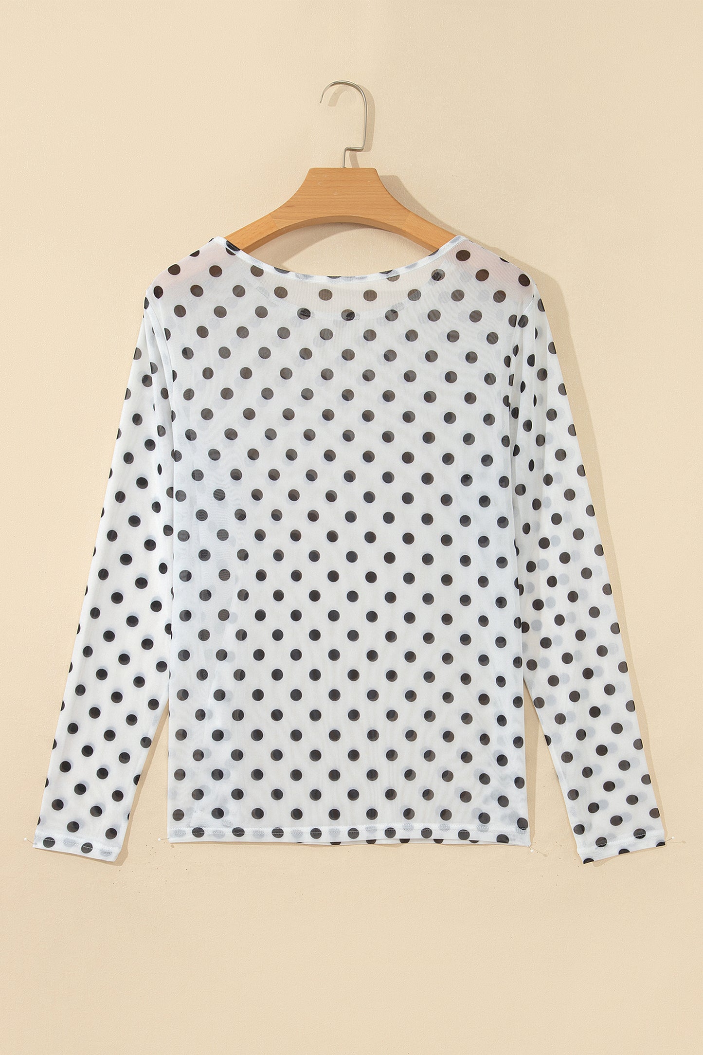 Black Polka Dot Sheer Mesh Long Sleeve Round Neck Shift Blouse